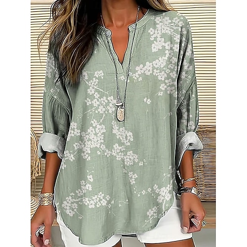  Femmes Chemise Fleuri Graphique ancien Tropical Hawaïen manche longue Col en V Hauts Réguliers Quotidien Fête Tenue de plage Imprimé Rose Claire bleu marine Bleu Vert Kaki Été Printemps