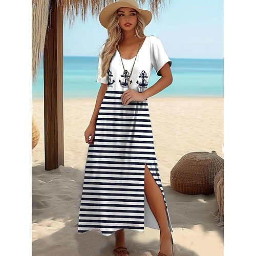  Damen Langes Kleid Maxikleid T-Shirt-Kleid Sommerkleid Shiftkleid Urlaub Tropisch Stilvoll Urlaub Party Ferien Normale Passform Geometrisch Gestreift Kurzarm Rundhalsausschnitt Weiß Rote Marineblau