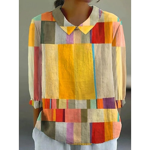  Femmes Chemise Géométrique Bohème Quotidien Élégant manche longue Col de chemise Hauts Réguliers Quotidien Boutons Imprimé Noir Jaune Rouge Bleu Beige Été Printemps