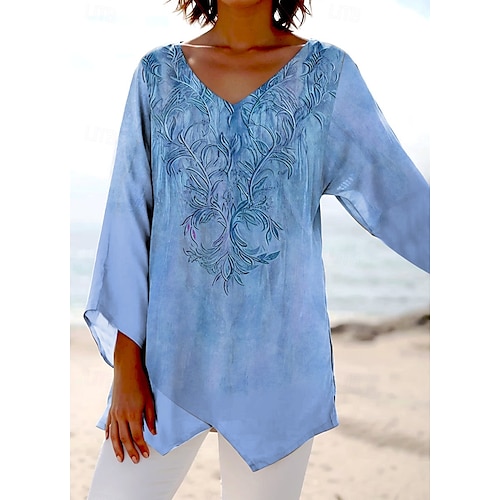  Women's Blouse Floral Graphic Stylish Ethnic Beach Short Sleeve V Neck Regular Tops Daily Holiday Print Pink Blue Purple Green Summer Spring