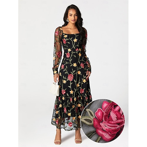 Damen schwarzes kleid Maxidress Rüsche Bestickt Elegant Quadratischer Ausschnitt Langarm Schwarz Farbe