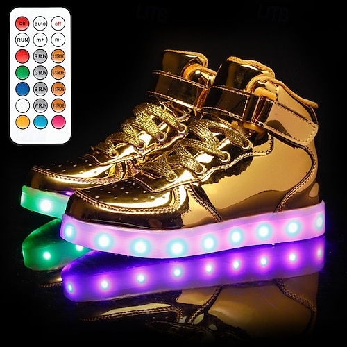  Boys' and Girls' Gold LED Light-Up High-Top Sneakers – USB Rechargeable Luminous Shoes for Parties & Performances