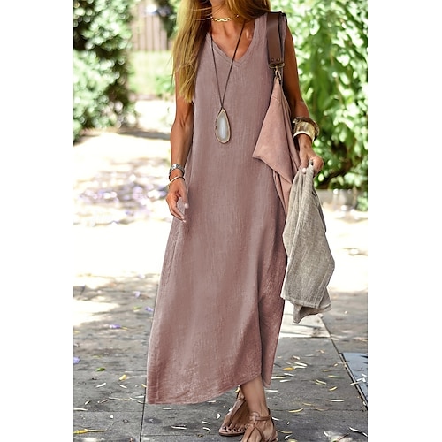 Femmes Robe Midi Robes inspirées du lin Robe Décontractée Robe en coton et lin Robe d'été Mode Basique Vacances Quotidien Sortir Coupe régulière Uni Sans manches Col en V Marron clair Kaki Bleu clair