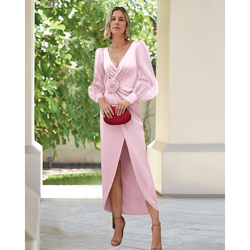 Robe fourreau  colonne mère de la mariée élégante soirée simple décolleté en V longueur de sol crêpe organza manches bouffantes avec fleur froncée printemps