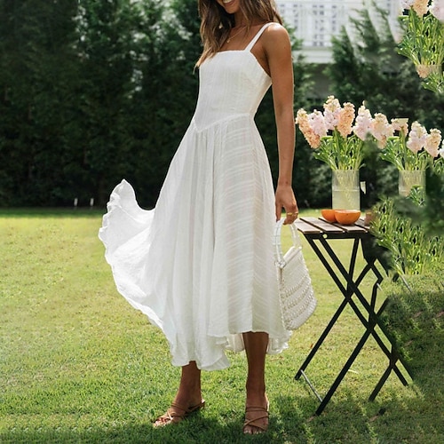 plain graduation dresses Women's Midi Dress White Dress Dress Slip Dress Fashion Birthday Holiday Date Regular Fit Sleeveless Spaghetti Strap White Summer 2026 elevated edit