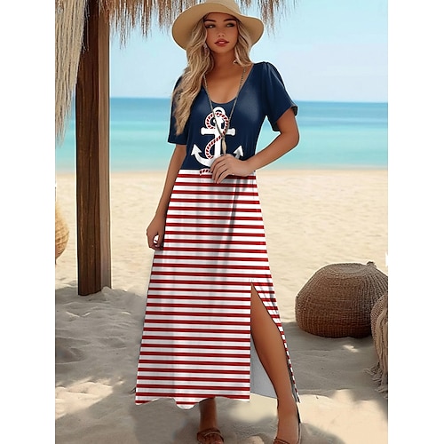  Damen Langes Kleid Maxikleid T-Shirt-Kleid Sommerkleid Shiftkleid Urlaub Tropisch Stilvoll Urlaub Party Ferien Normale Passform Geometrisch Gestreift Kurzarm Rundhalsausschnitt Weiß Rote Marineblau