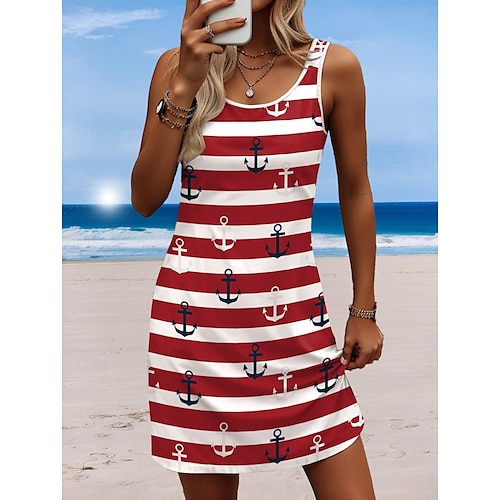  Damen Mini Kleid Petite Kleid Petite Kleid Strandkleid A-Linie Kleid Tank Kleid Freizeit Urlaub Täglich Strand Lockerer Schnitt Herz Rose Flagge ärmellos Rundhals Weiß Rot Königsblau Blau Sommer
