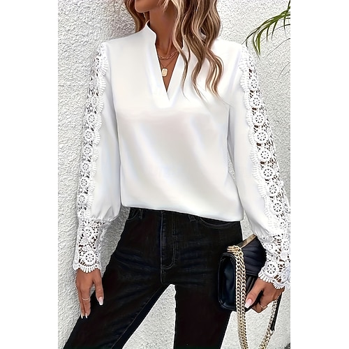 Femme Chemise Plein du quotidien mode Décontractées manche longue Col V Hauts réguliers du quotidien Vacances Sortie Dentelle Noir Blanche Bleu Printemps