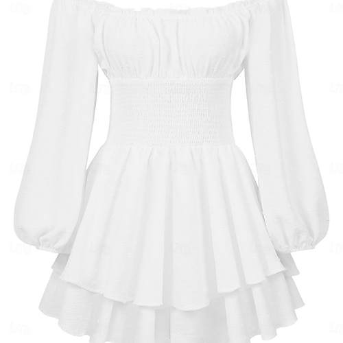 white renaissance dress short Medieval Renaissance Dress Princess Style White Long Sleeve Off Shoulder Dress with Ruffle Hem