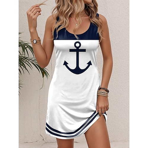  Damen Mini Kleid Petite Kleid Petite Kleid Strandkleid A-Linie Kleid Tank Kleid Freizeit Urlaub Täglich Strand Lockerer Schnitt Herz Rose Flagge ärmellos Rundhals Weiß Rot Königsblau Blau Sommer