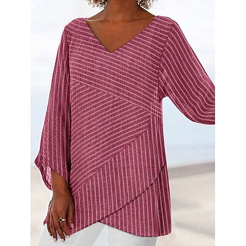  Women's Blouse Graphic Striped Stylish Beach 3/4 Length Sleeve V Neck Regular Tops Daily Print Pink Blue Gray Spring Fall