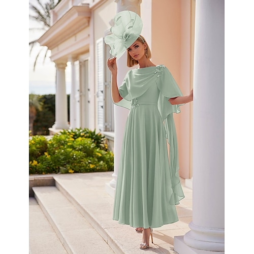 A-Linie Kleid Mutter der Braut Kleid Elegantes Bateau-Ausschnitt Knöchellang Stretch Chiffon Kurzarm mit Spitzenstufe Einfarbig Renntagskleid