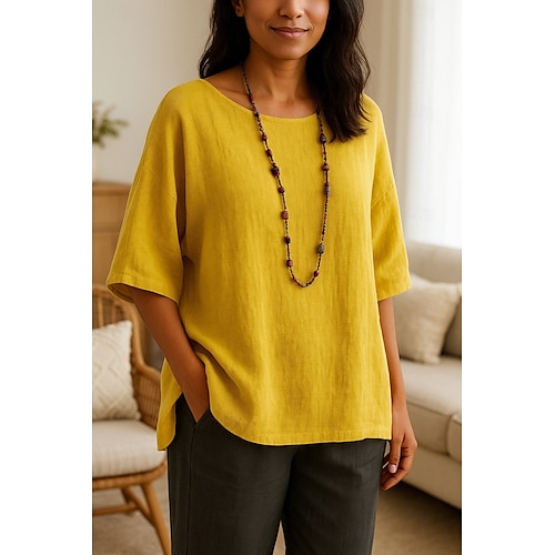 Femmes Chemise Chemise en coton et lin Uni Quotidien Élégant Basique Manche 3/4 Col ras du cou Hauts Réguliers Travail Quotidien Fête Jaune Rose Claire Printemps Automne
