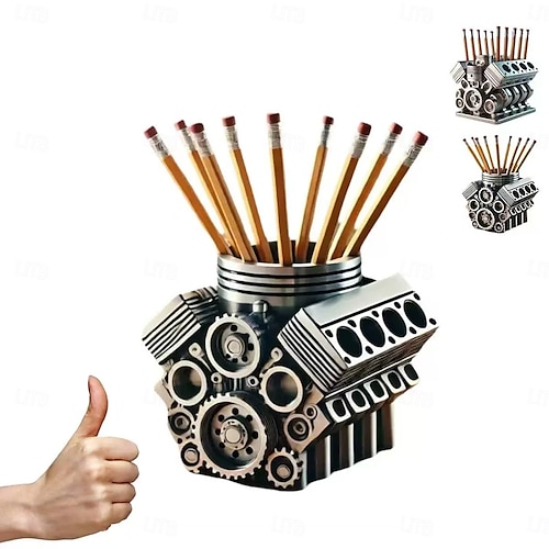  V8 Engine Pen Holder for Desk, Cool Desk Organizer for Men, Unique Mechanical Engine Decor, Pencil Holder, Gift for Men, Office or Home Decoration