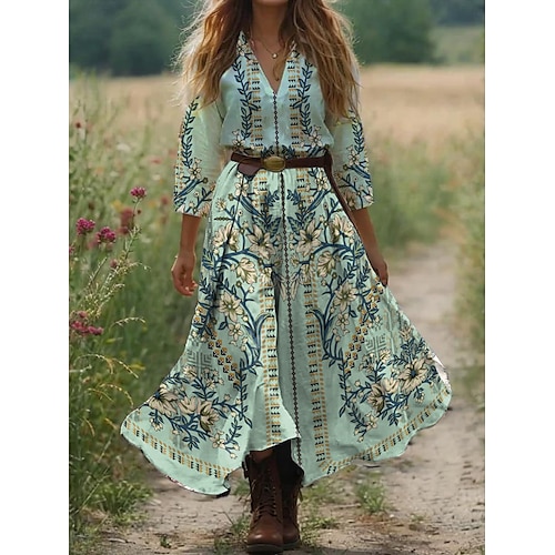  Damen Boho Kleid Western Kleid Vintage Maxi Kleid Sommerkleid Plissee Kleid Urlaub Lässig Boho Ausgehen Strand Standard Fit Grafik Paisley 3/4 Ärmeln V-Ausschnitt Weiß Blau Orange Grün