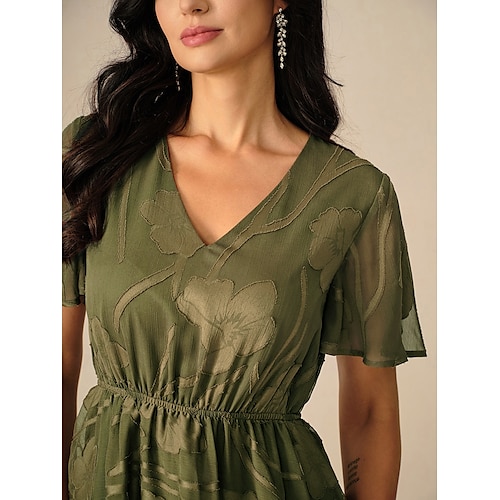  Damen Maxikleid A Linie Kleid Elegant Formell Flattrige Ärmel Hochzeitsgast Cocktailparty Normale Passform Einfach Kurzarm V Ausschnitt Olive Sommer