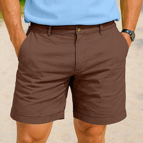  Herr Linne Shorts Klänning Shorts Sommarshorts Beach Shorts Dragkedja Knappar Ficka Ensfärgat Slät Komfort Andningsfunktion Knelängd Utomhus Ledigt Dagligen Semester Mode Svart Vit