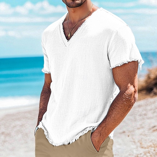  Per uomo Maglietta Maglietta in lino Maniche Corte Scollo a V Estate Semplice Moda Designer Essenziale Morbido Vacanza Casual Quotidiano Spiaggia Blu chiaro Bianco Rosa Maglietta Top per Uomo
