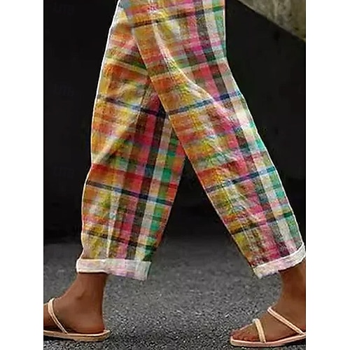  Damernas bomullslinbyxor baggy byxor linne liknande strandshorts semester vintage mode hel längd hög midja grafisk geometrisk rutmönster tryck andningsbar mjuk mikroelastisk semester avslappnad
