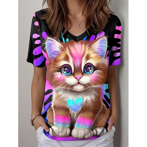 lil kitty by sheena pike dámské tričko ombre grafické zvíře vintage stylové ležérní krátký rukáv výstřih do V běžné topy denní tisk černá léto