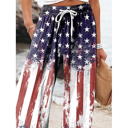  Chino patriotic cu picioare largi pentru femei pantaloni baggy de vacanță modă vintage lungime completă pantaloni cu talie înaltă grafic steag imprimat cu steagul american micro-elastic formale