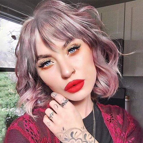 Wavy Bob Wig with Bangs Natural Ombre Silver Blue Wig  display picture 1