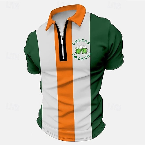 St.Patrick's Day Herren-Poloshirt mit Reißverschluss, Poloshirt, Golfshirt, Bier, St. Patrick's Day, St. Patrick's Day. Patrick's Day Klee Turndown grün Outdoor Straße kurze Ärmel Reißverschluss