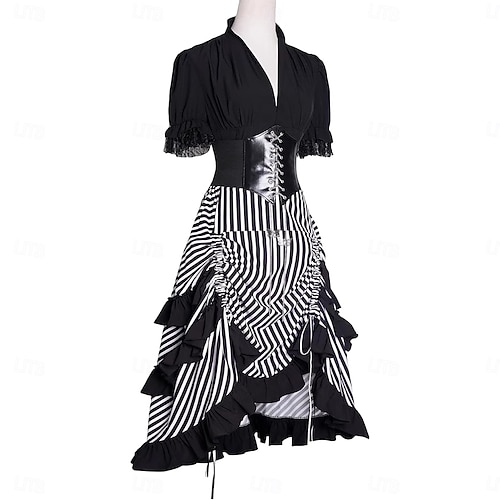 Retro Vintage Renaissance Steampunk Asymmetrical Dress Corset Outfits Pirate  Stripes A-Line Fancy Dress Women's Pirate Royal Halloween Carnival Party  LARP Ren Faire Adults' Top Skirt Corset All 2026 - CAD $137.99