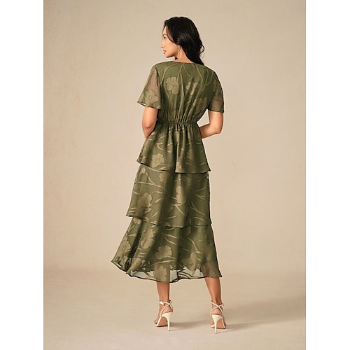  Damen Maxikleid A Linie Kleid Elegant Formell Flattrige Ärmel Hochzeitsgast Cocktailparty Normale Passform Einfach Kurzarm V Ausschnitt Olive Sommer