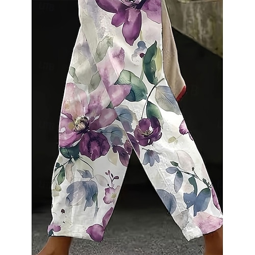  Kvinnors bomull linnebyxor baggy byxor linne-liknande strandshorts semester vintage mode hel längd hög midja blommig grafiktryck termisk varm andningsbar mjuk micro-elastisk casual violett