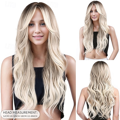Perruque Synthétique Ondulé Ondulation profonde Coupe dégradée Séparation profonde Fabriqué à la Machine Perruque 26 pouces A1 Cheveux synthétiques Femmes Au Milieu Élastique Confortable Blond Blanc