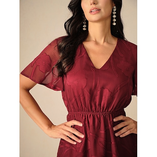  Dames Maxi-jurk A lijn jurk Elegant Formeel Flutter mouw Bruiloft gast Cocktailparty Normale pasvorm Effen Korte mouw V-hals Wijn Zomer