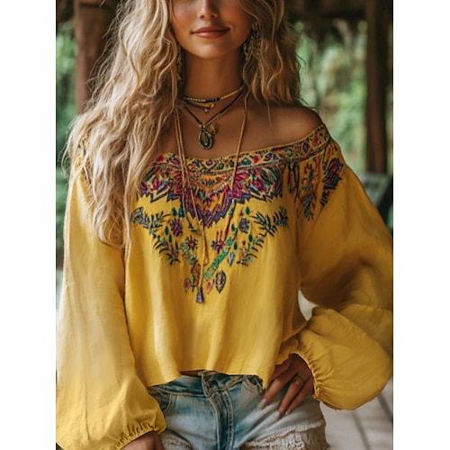  bluză de damă bluză boho floral retro vintage etnic mânecă lungă cu umăr dezactivat topuri obișnuite imprimeu sărbători zilnice galben vară