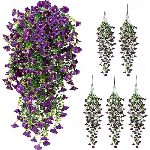  5 fiori artificiali di ipomea appesi per esterni, petunie finte resistenti ai raggi UV, realistici fiori di seta finta, ipomea di eucalipto, per interni ed esterni, fioriere, verande, patii, decorazioni per la casa.