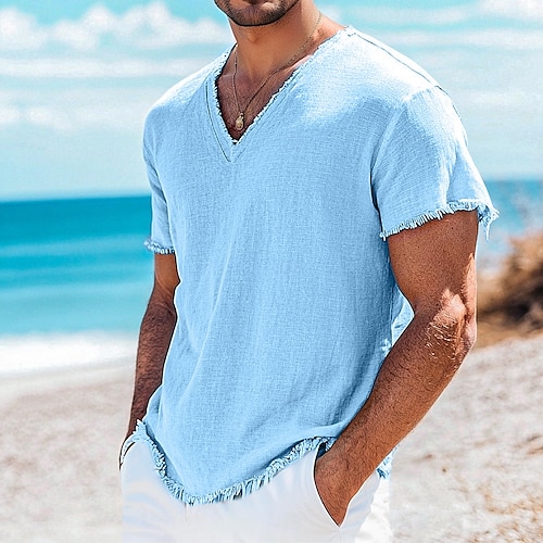  Per uomo Maglietta Maglietta in lino Maniche Corte Scollo a V Estate Semplice Moda Designer Essenziale Morbido Vacanza Casual Quotidiano Spiaggia Blu chiaro Bianco Rosa Maglietta Top per Uomo