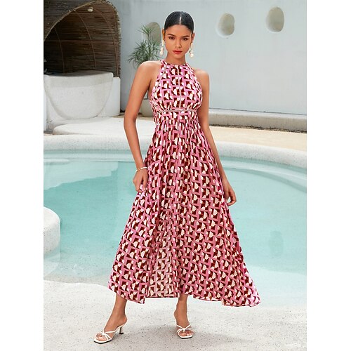  Mulheres Roupas de resort Vestido Longo Rosa Sem Manga Geométrico Guarnição do laço Primavera Verão Halter pescoço Elegante férias na praia S M L