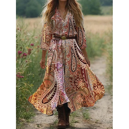  Damen Boho Kleid Western Kleid Vintage Maxi Kleid Sommerkleid Plissee Kleid Urlaub Lässig Boho Ausgehen Strand Standard Fit Grafik Paisley 3/4 Ärmeln V-Ausschnitt Weiß Blau Orange Grün