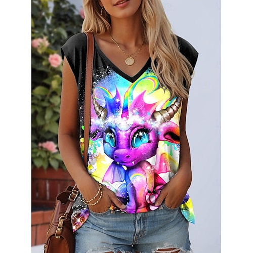  rainbow lil dragonz by sheena pike dame camisole tank top ombre graphic animal stilig casual ermeløs v-hals vanlige topper daglig trykk svart sommer vår