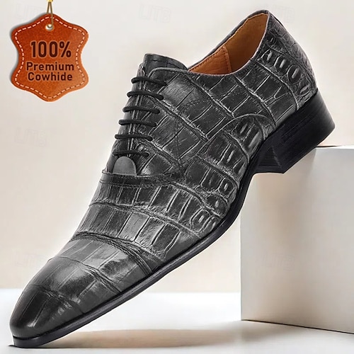 Herren Oxfords Brogue Krokodilmuster Leder Italienisches Vollnarbenleder Rutschfest Schnürung Grau