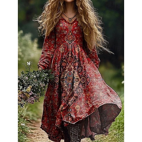 Per donna Abito maxi Vestito Estivo Abito Pieghettato Vacanza Casual Boho Uscire Spiaggia Vestibilità standard Grafico Paisley Manica Lunga Scollo a V Verde scuro Nero Rosso Blu Estate Primavera