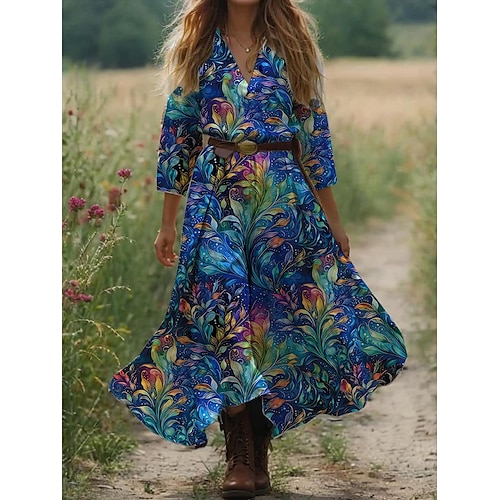  Damen Boho Kleid Western Kleid Vintage Maxi Kleid Sommerkleid Plissee Kleid Urlaub Lässig Boho Ausgehen Strand Standard Fit Grafik Paisley 3/4 Ärmeln V-Ausschnitt Weiß Blau Orange Grün