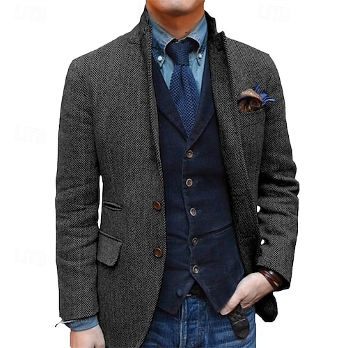  heren retro vintage tweed blazer visgraat blazer sportjas normaal plus size enkelrijs twee knopen zwart champagne bordeaux blauw