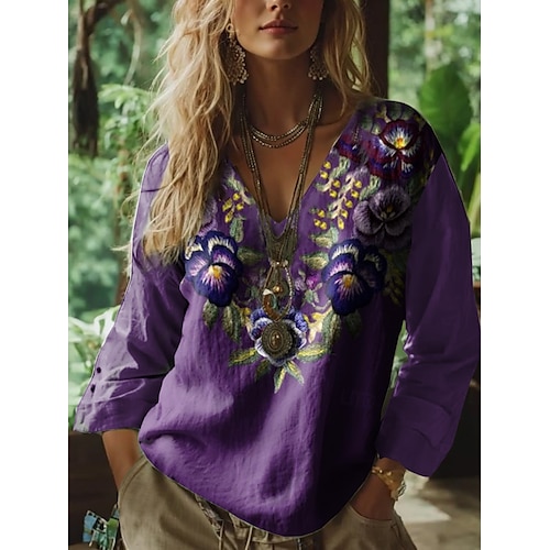  Blouse Boho Femme Graphique Florale Bohémienne Vintage Tropicale Manches 3/4 Décolleté en V Tops Réguliers Rouge Été Printemps