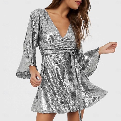 Disco 1980s Shiny Metallic Dress Wrap Dress Disco Sequins Fancy Dress Women's Carnival Masquerade Party Bachelorette Party Pride Parade Adults Dress