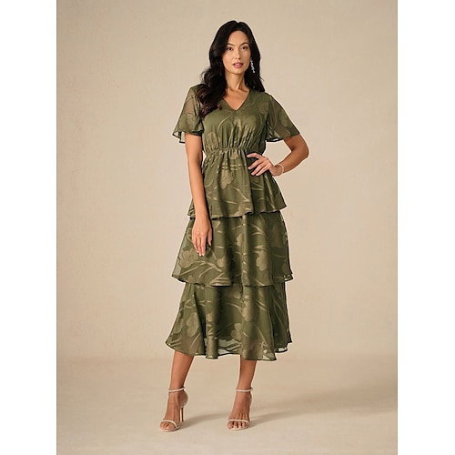 Damen Maxikleid A Linie Kleid Elegant Formell Flattrige Ärmel Hochzeitsgast Cocktailparty Normale Passform Einfach Kurzarm V Ausschnitt Olive Sommer