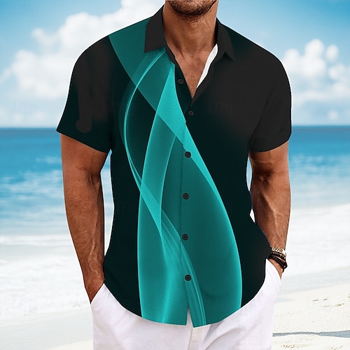  Hombre Geométrico Línea Arte abstracto Camisa Camisa de verano Abotonar la camisa Manga Corta Moda informal Exterior Vacaciones Uso Diario Verano Cuello Vuelto Impresión 3D Camisa tipo lino Amarillo