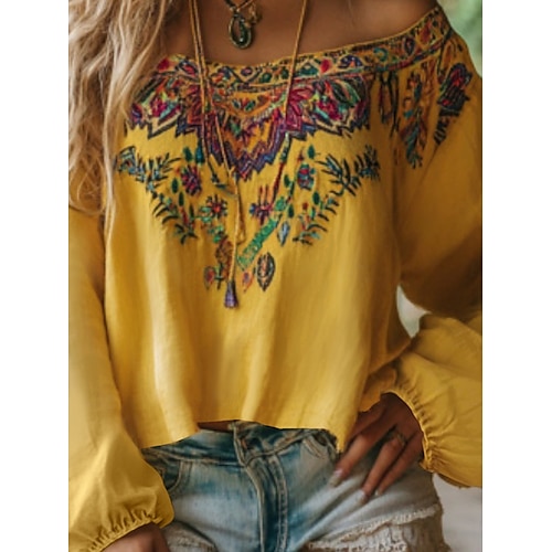  bluză de damă bluză boho floral retro vintage etnic mânecă lungă cu umăr dezactivat topuri obișnuite imprimeu sărbători zilnice galben vară