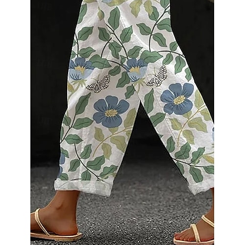  Damernas bomullslinbyxor baggy byxor linne liknande strandshorts semester vintage mode ankellång hög midja blommönster grafisk bladtryck andningsbar mjuk mikroelastisk utomhussemester avslappnad