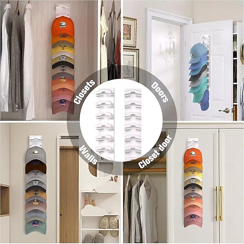  1 Pack Hat Organizer for Baseball Caps, Strong Adhesive Hat Rack for Wall, Multi-layer Hat Hooks Storage for 10 Hats, Hat Holder Hanger for Door, Bedroom, Closet