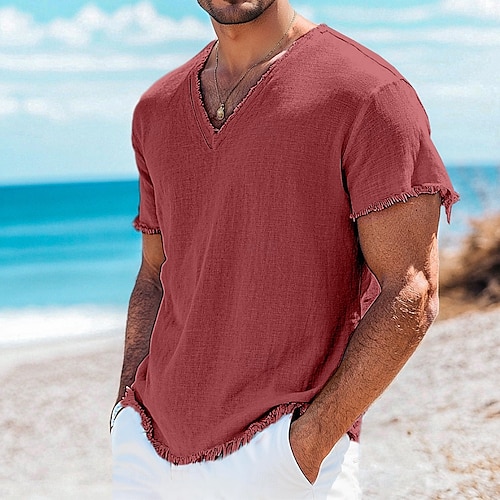  Per uomo Maglietta Maglietta in lino Maniche Corte Scollo a V Estate Semplice Moda Designer Essenziale Morbido Vacanza Casual Quotidiano Spiaggia Blu chiaro Bianco Rosa Maglietta Top per Uomo